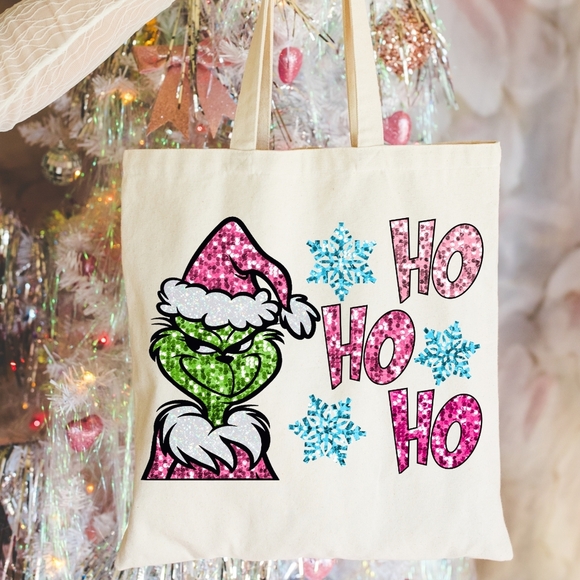 Christmas Santa Grinch Whoville Ho Ho Ho Glitter Natural Cotton Canvas Tote - Picture 1 of 2